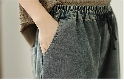 Jeans Women 2025 Autumn New Jeans Retro Heavy Industry Embroidery Ethnic Style Elastic Waist Casual Oversized Wide Leg Pants