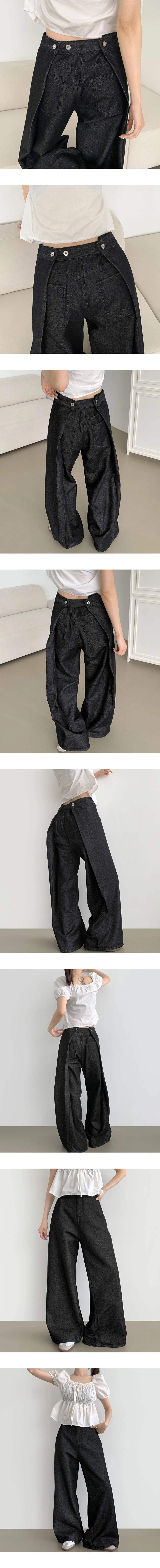 Waist Buckle Jeans Women Stylish High Waist Wide Leg BF Jeans Black Pants Loose Casual Denim Pants