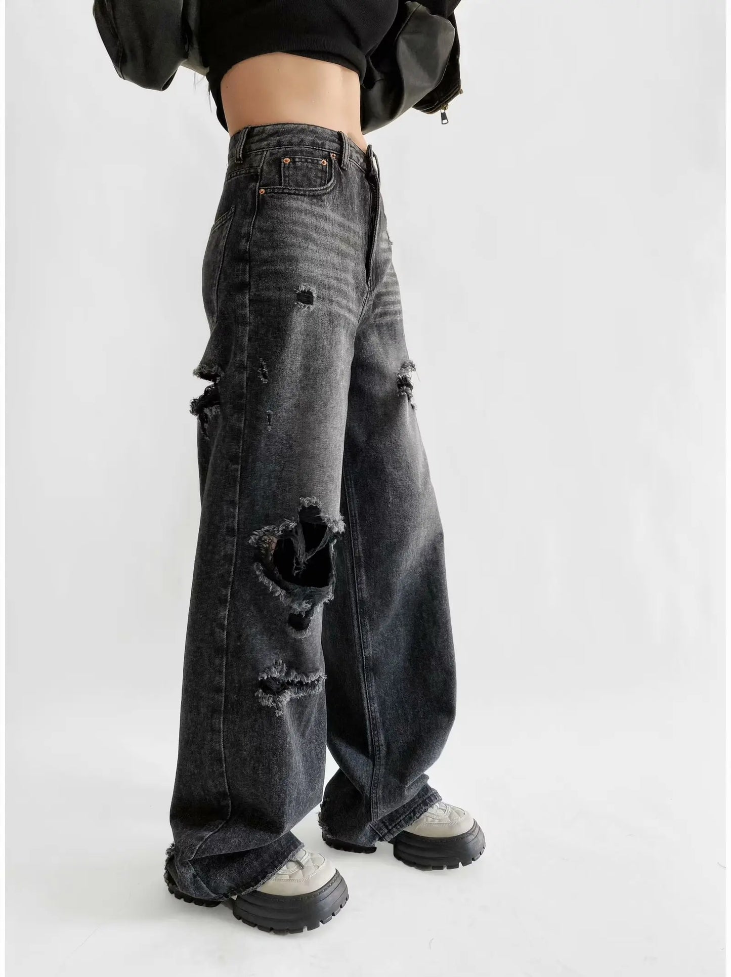 Women's Destroyed Jeans 2025 Spring Summer High Waist Loose Leg Floor-Length Distressed Denim Vintage Daily Staple