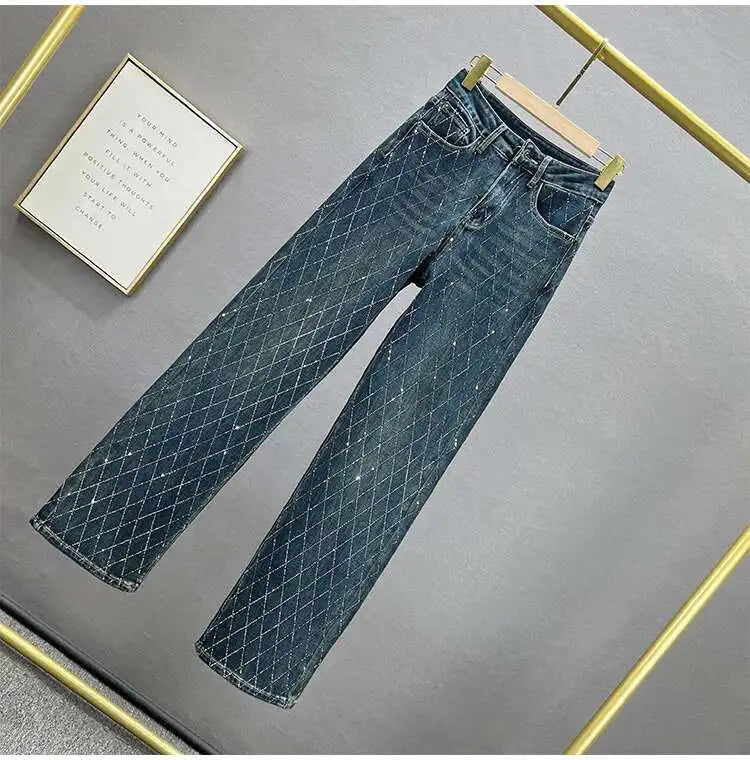 Fashion Women's Jeans High Waist One Side Plaid Shape Diamonds Wide Leg Denim Pants 2025 New Classic Straight Trousers