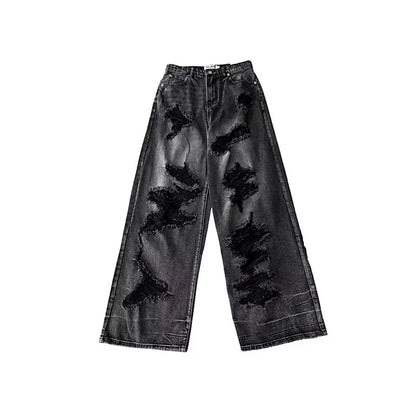 High Street Vintage Black Ripped Jeans Fashion Wide Leg Pants Women'S High Waisted Straight Leg Pants Baggy Pants Y2k Jeans