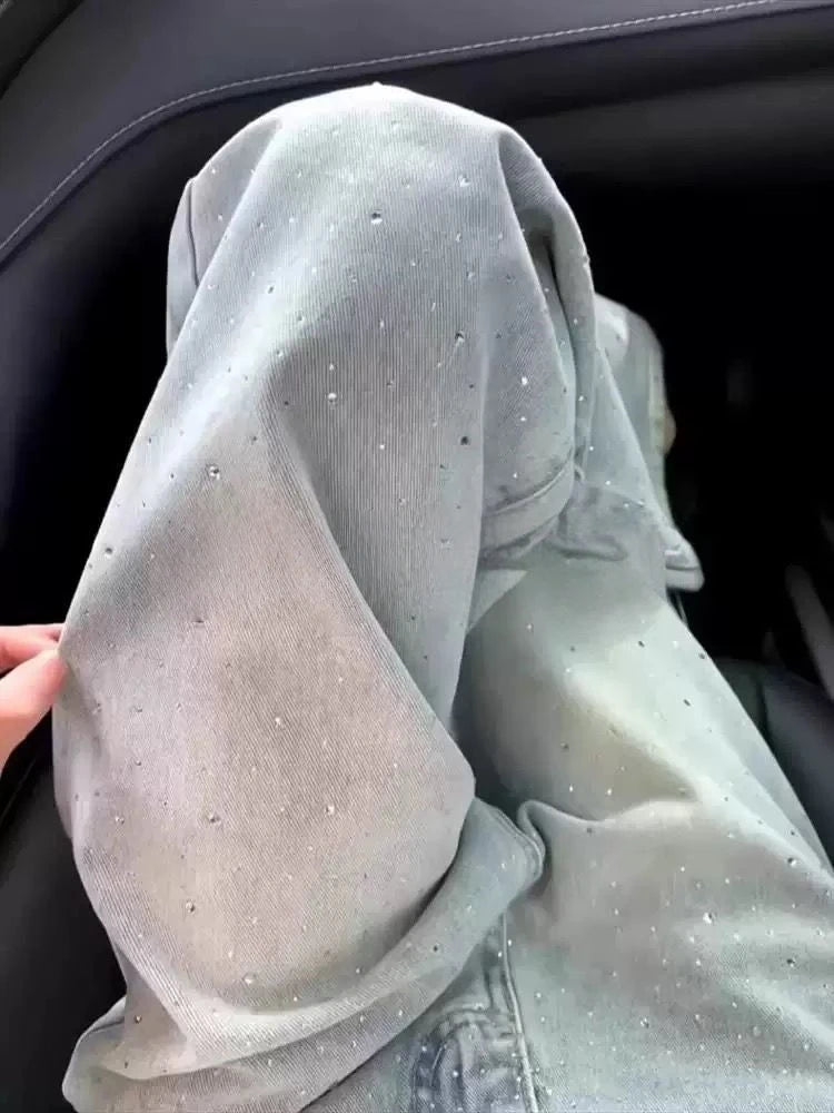 Fashion Women's Jeans High Waist One Side Plaid Shape Diamonds Wide Leg Denim Pants 2025 New Classic Straight Trousers