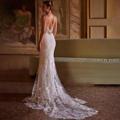 Enternity Fashionable V-neck Wedding Gown For Bride Spaghetti Strap Court Train Lace Applique Vestido De Novia Customized