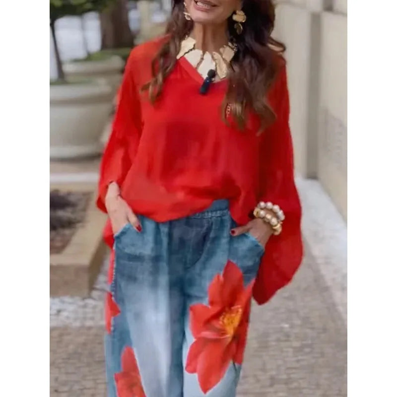 Casual Flower Printing Jeans For Woman 2025 Streetwear Wide-leg Pants Elastic Waist Pockets Denim Trousers Bottoms 179536