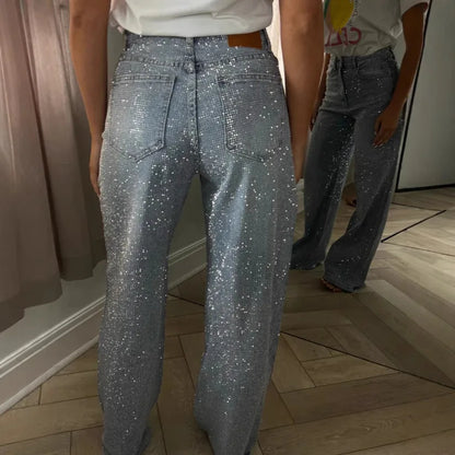 Jeans for Women Straight Diamonds Pants Stretch High Waist Washed Mom Jeans Vintage Denims Streetwear Y2k Streetwear Trousers