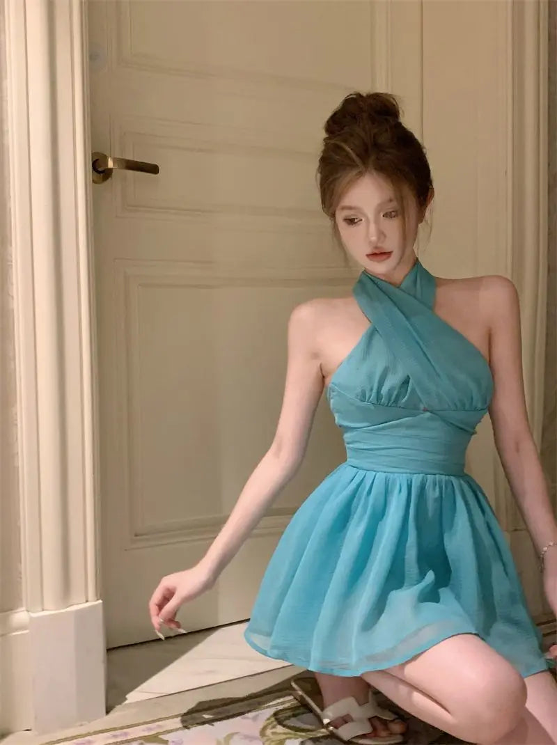 Women Sexy Halter Mini Dress Elegant A-line Puffy Hem Slim Fit Backless Ruffle Sleeveless Summer Party Vacation Wedding Outfit