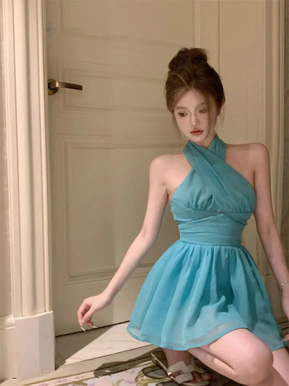 Women Sexy Halter Mini Dress Elegant A-line Puffy Hem Slim Fit Backless Ruffle Sleeveless Summer Party Vacation Wedding Outfit