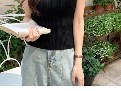 Sleeveless Blouse Shirt Women O-neck Rib Knit Vest Tank Plain Vest Tops Summer Female Basic Casual Tops Outfit