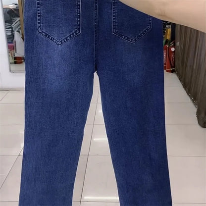Fashion Women Jeans 2025 New Spring Autumn Korean Wild Elastic Waist Straight Denim Pants Female Trousers Female