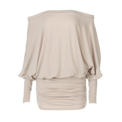 Fashion Off Shoulder Sheer Mini Dress Outfits For Women Hot Sexy Long Sleeve Ruched Party Dresses Bodycon Solid Color Robe Femme