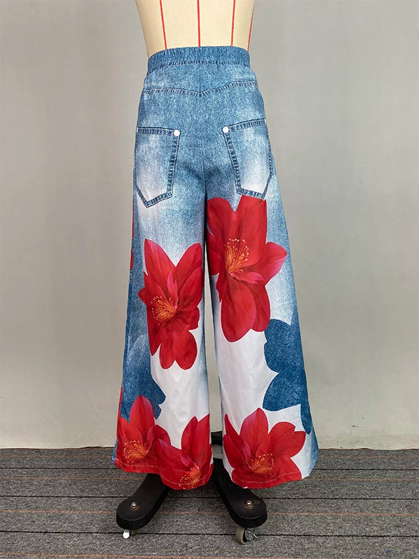 Casual Flower Printing Jeans For Woman 2025 Streetwear Wide-leg Pants Elastic Waist Pockets Denim Trousers Bottoms 179536