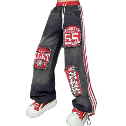 European Style Women's Jeans 2025 Autumn New Heavy-Duty Distressed Frayed Edge Letter Print Drawstring Long Pants Jeans Woman