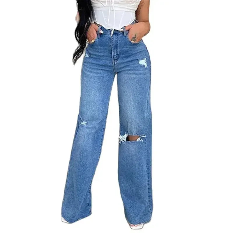 Women Knee Broken Holes Trend Straight Jeans Fashion Comfortable Casual High Waist Denim Pants Female Loose Wide Leg Trousers 24