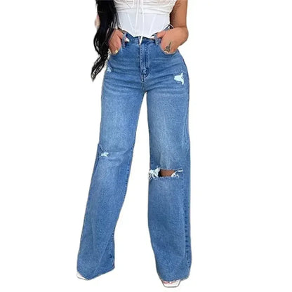 Women Knee Broken Holes Trend Straight Jeans Fashion Comfortable Casual High Waist Denim Pants Female Loose Wide Leg Trousers 24