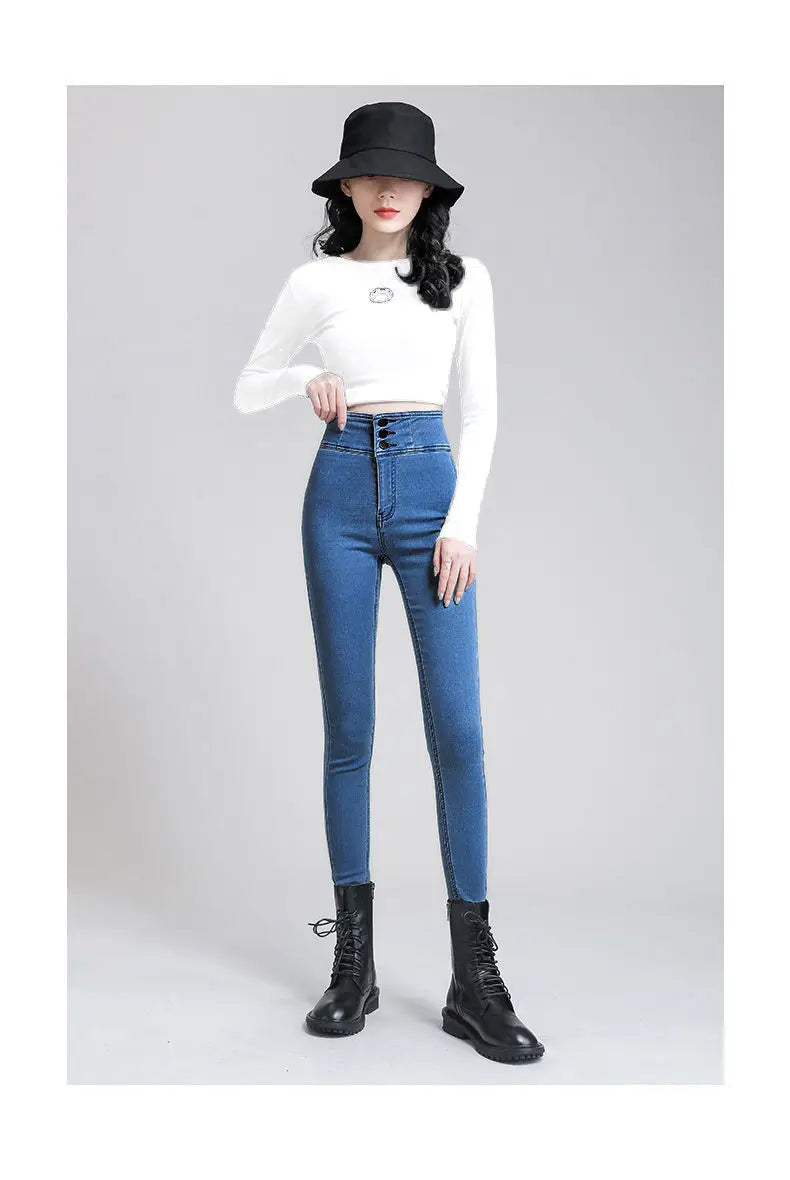 Korean Women High Waist Skinny Jeans Spring Autumn Streetwear Fashion Slim Trousers Denim Solid Button Casual Pencil Pants 2022