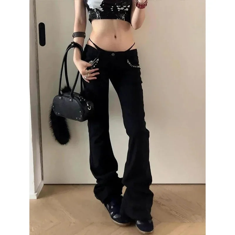 Women Vintage Black Low Rise Flared Jeans Denim Pants American Retro Rivet Slim 90s Bell Bottom Y2k Harajuku Kpop Trousers