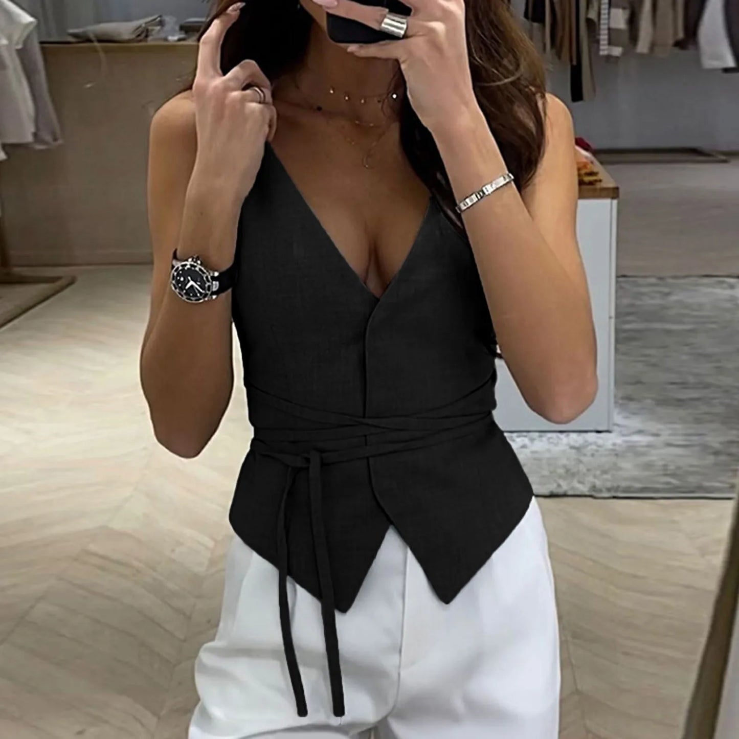 Active Tops for Women Womens 2024 Summer Fashion Casual Tops British Style Solid Color V Neck Receive Waist Crop Tops for Women