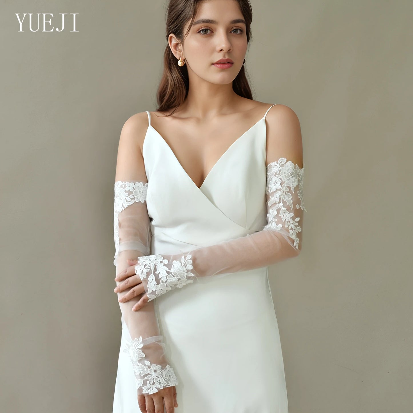 YUEJI Bridal Wedding Mesh Elbow Length Fingerless Gloves High Quality Handmade Lace Embroidery Stage Performance Props VM46