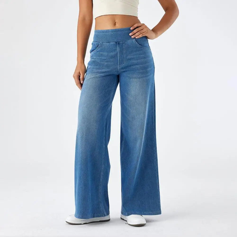 Women Jeans With Pockets Elastic High Waist Solid Color Full Length Pants Straight Wide Leg Trousers Sweatpant Daily Commuting
