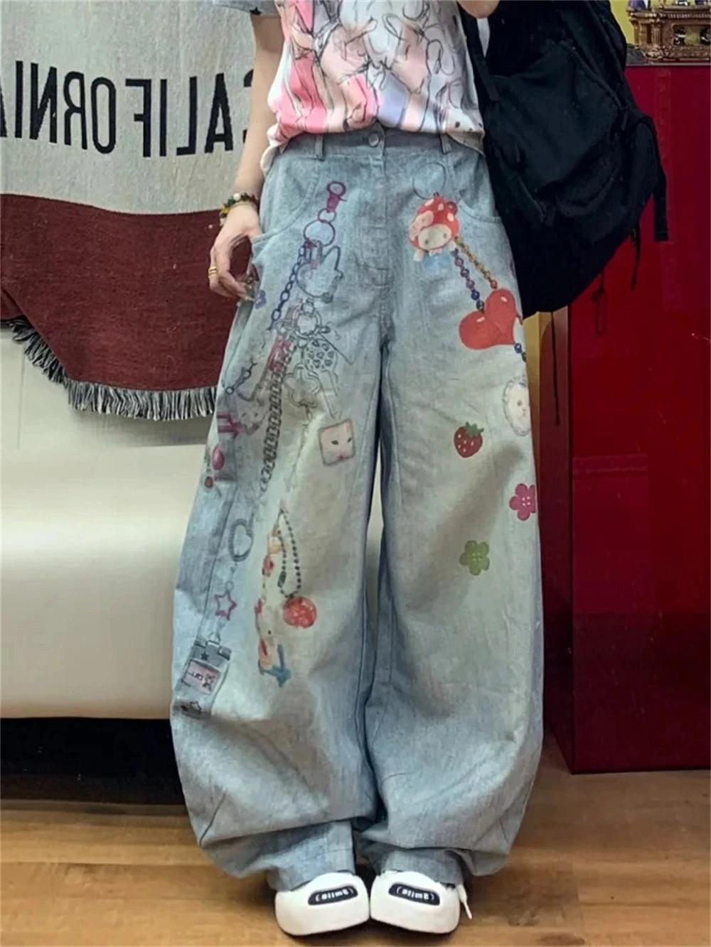 Women's Jeans American Retro Wide Fit Baggy Denim Pants Y2k Vibe Wide-legged Dragging Pants Trousers High Street Japanese New