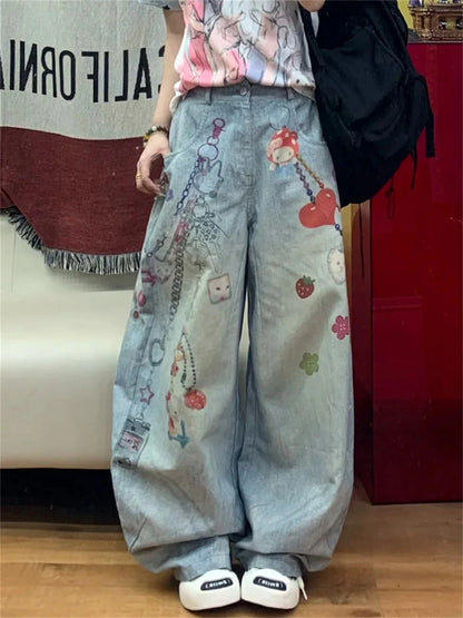 Women's Jeans American Retro Wide Fit Baggy Denim Pants Y2k Vibe Wide-legged Dragging Pants Trousers High Street Japanese New