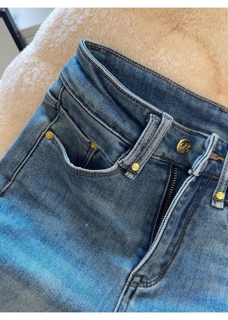 Flared Jeans for Women 25 Autumn Winter New Arrival Plus Velvet Elastic Retro Slim Sexy Petite Long Pants