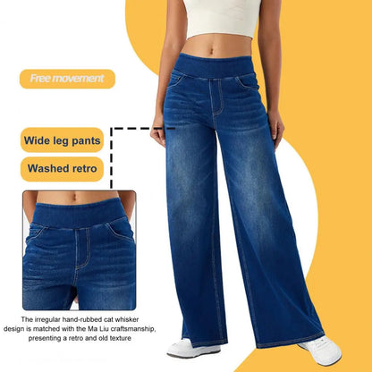 Women Jeans With Pockets Elastic High Waist Solid Color Full Length Pants Straight Wide Leg Trousers Sweatpant Daily Commuting