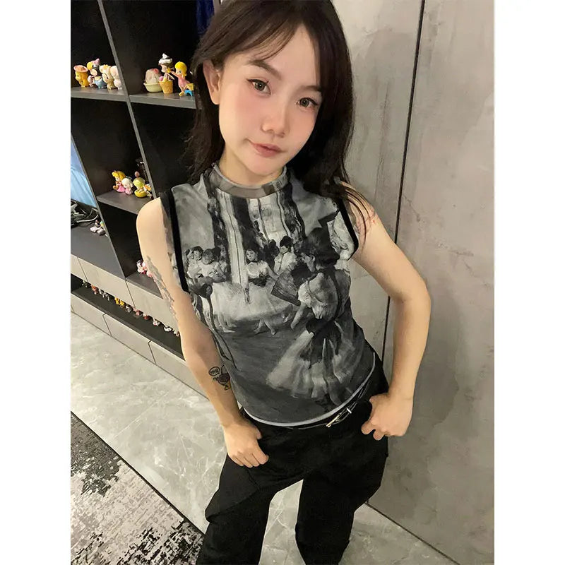 Genayooa Y2k Vintage Tank Tops Women Print Mesh Tops See Through Streetwear Sleeveless Tops Patchwork 2000s Japanese Tee Tops