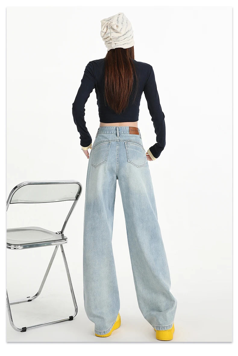 Woman Jeans High Waist Wide Leg Cotton Denim Clothing Design Sense Straight Pant Fashion Comfort White Retro Blue Casual Trouser