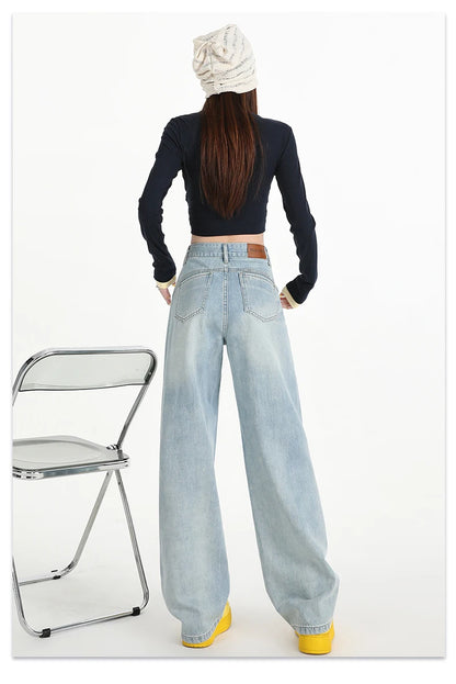 Woman Jeans High Waist Wide Leg Cotton Denim Clothing Design Sense Straight Pant Fashion Comfort White Retro Blue Casual Trouser
