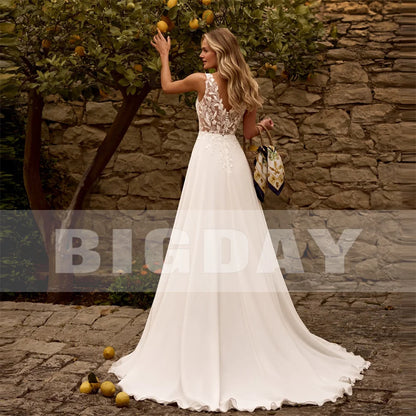 BIGDAY V-Neck Lace A-Line Wedding Dresses Applique Chiffon Sleeveless Open Back Pleat Bridal Gown Vestidos De Noiva Customized