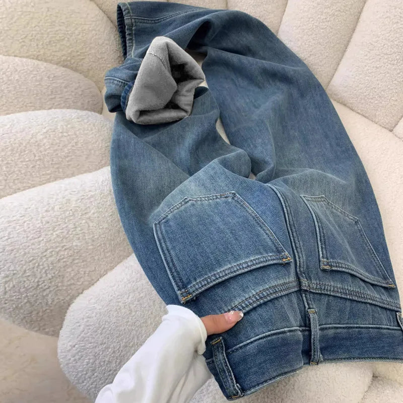 Jeans Women's Autumn and Winter Narrow Version Warm Wide-leg Velvet High-waisted Floor-mopping Pants Thickened Loose Retro