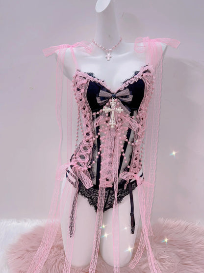 Cross Tank Tops Lace Tank Tops Pink crop top  gothic  tank tops  y2k tops y2k fashion LolitaTank TopsKawaii Tank Tops   bow tops