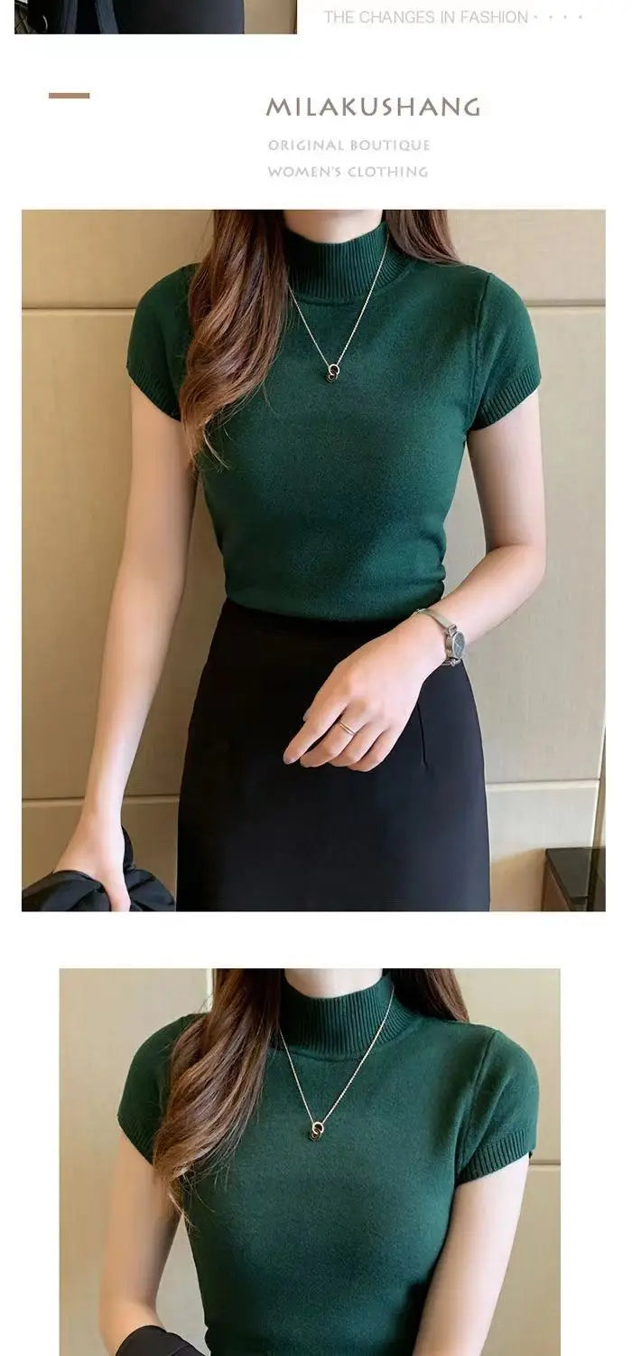 Womens Tops And Blouses Summer Short Sleeve Blouse Women Blusas Mujer De Moda 2023 Turtleneck Knitted Blouse Shirt Tops