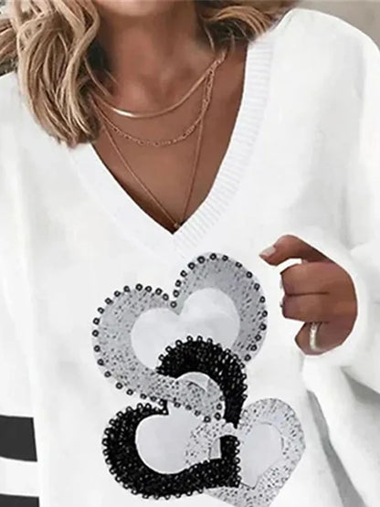 Women's white Blouse  Tops Spring fall Fashion Love Print Long Sleeve Loose V Neck Pullover Irregular Hem Casual T Shirt women