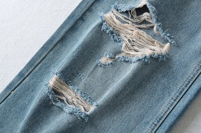Women's Destroyed Jeans 2025 Spring Summer High Waist Loose Leg Floor-Length Distressed Denim Vintage Daily Staple