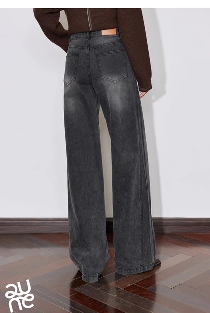 TOYOUTH Women Denim Jeans 2024 Autumn Winter New Mide Waist Straight Wide Leg Long Pants