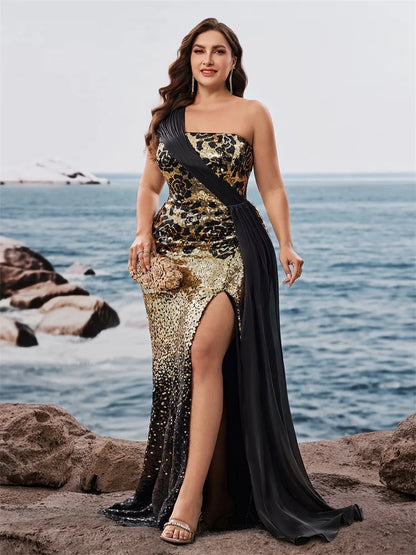 BLUEPLUM Plus Size Elegant off-shoulder Sleeveless Evening Dresses Luxurious Slit Wedding Party Mermaid Ribbon Cocktail Gowns