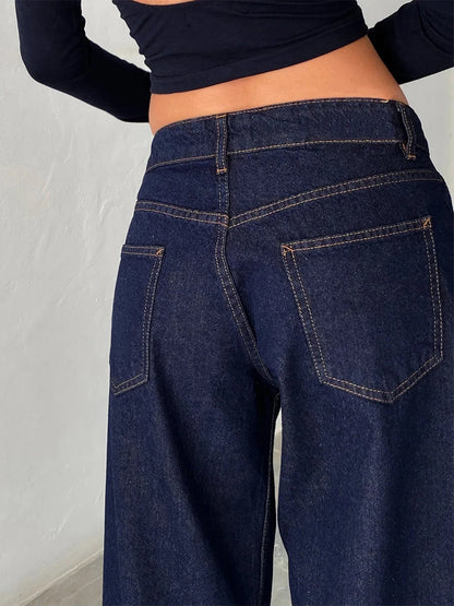 Women's versatile jeans, aesthetic solid color low rise zipper button trousers with pockets for everyday street wear
