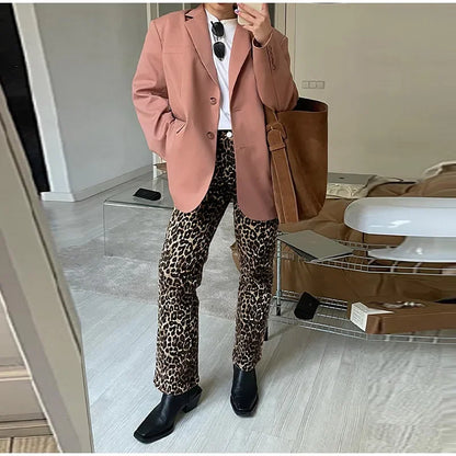 High-Waisted Leopard Print Denim Jeans for Women Retro Slim Straight Leg Trousers Vintage Y2k Hip Hop Streetwear Lady Fashion