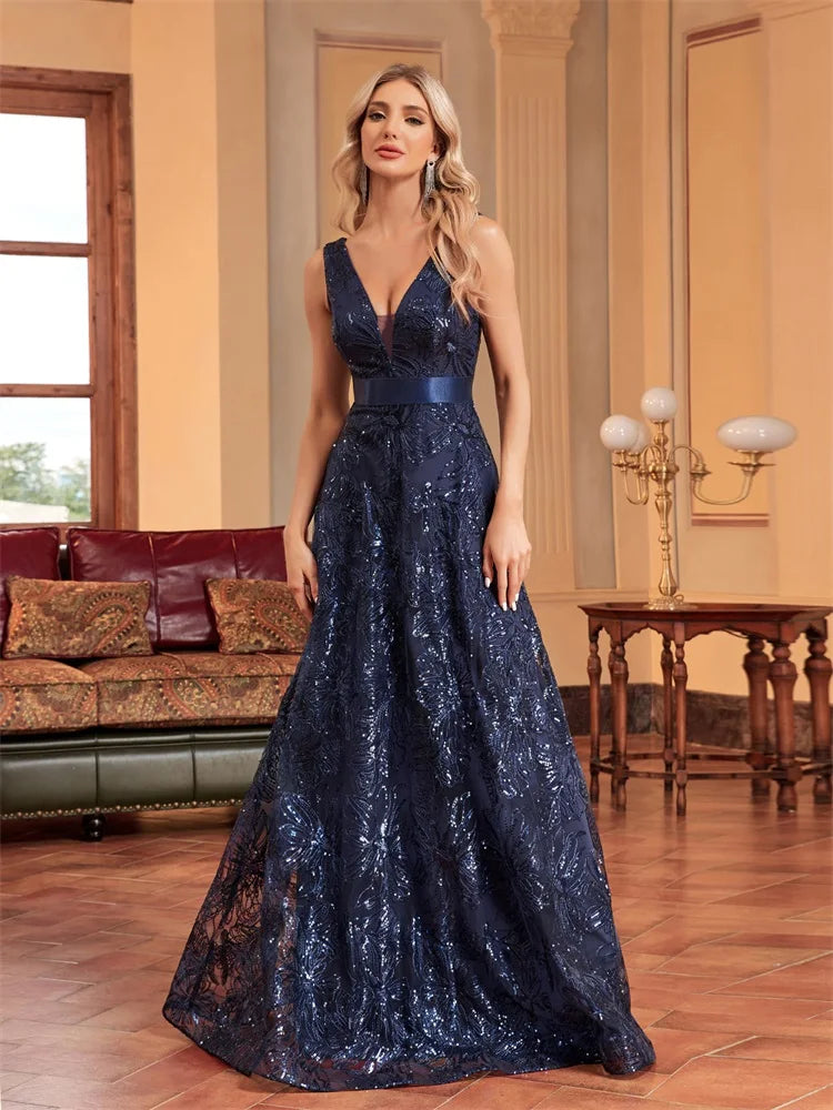 Luxury Sexy Deep V-Neck Sequins Blue Evening Dresses Women Elegant V-back Wedding Party Long Prom Cocktail Dress