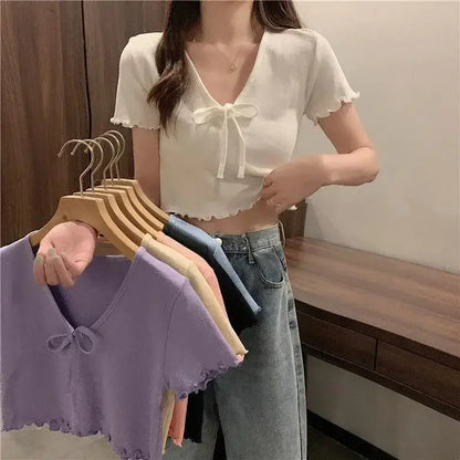 Tops Woman Short Sleeve T Shirt for Women V Neck New in Knitwears Plain Sexy Crop Korean Fashion Reviews Clothes Many Polyester
