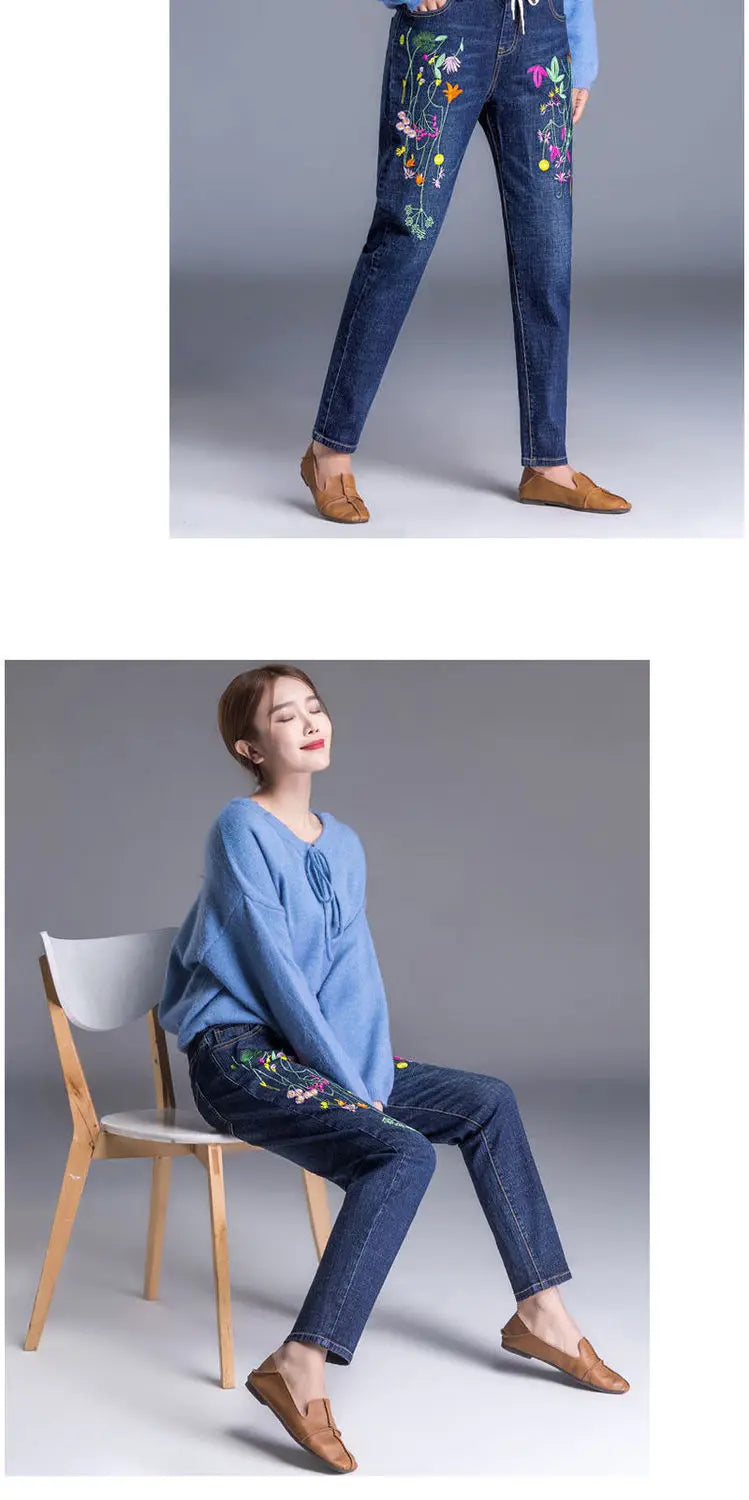 Brand Embroidery Jeans Womens Light Blue Elastic Waist Denim Pants High Waist Straight Leg Cropped Cut Jeans Spring Female