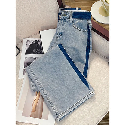 Oversize Straight Loose Jeans for Women Fashion High Waist Contrast Color Blue Denim Pants Streetwear Wide Leg Trousers