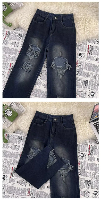 High Street Trendy Ripped Wide Leg Jeans for Women in Spring and Summer New High Waist Loose Fashion Floor Pants y2k Jeans Woman