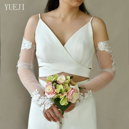 YUEJI Bridal Wedding Mesh Elbow Length Fingerless Gloves High Quality Handmade Lace Embroidery Stage Performance Props VM46