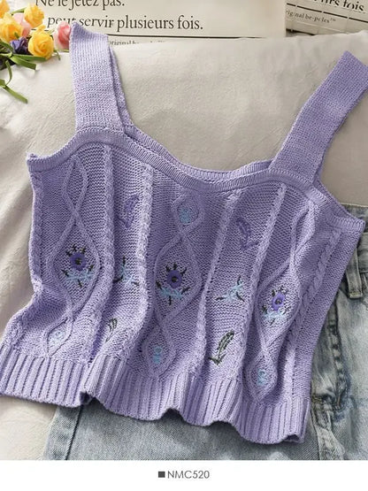 ITOOLIN Women Flower Embroidery Crop Tops Knitted Casual Tube Tops Casual Ribbed Cute Tops Women Summer Cute Crop Tops 2024