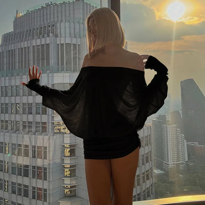 Fashion Off Shoulder Sheer Mini Dress Outfits For Women Hot Sexy Long Sleeve Ruched Party Dresses Bodycon Solid Color Robe Femme