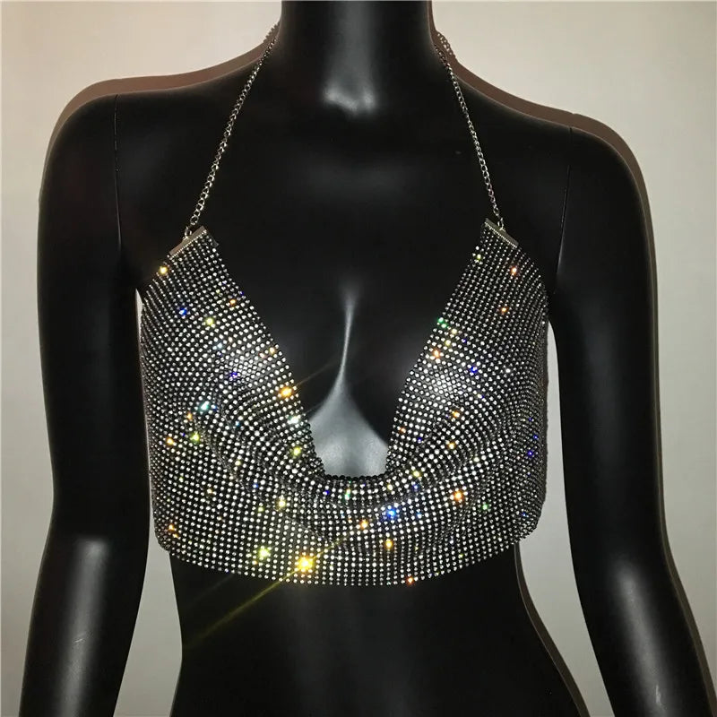 Shiny Rhinestone Tank Tops For Women Sexy Deep V Neck Backless Crop Tops For Women Rave Party Nightclub Camisole Y2K New