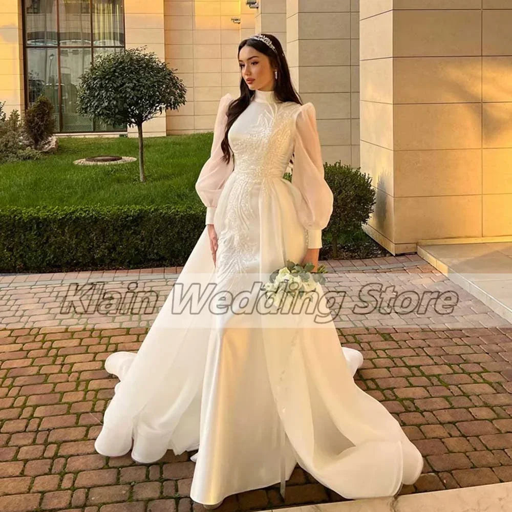 Customized Luxury Organza Wedding Gown High Applique Long Sleeve Dubai Women's Floor Length Elegant Bridal Prom Party Dresses